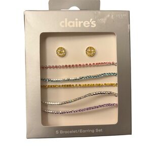NWT Claire's Y2K‎ Bracelet Earring Set Rhinestone Smiley Face Studs Colorful
